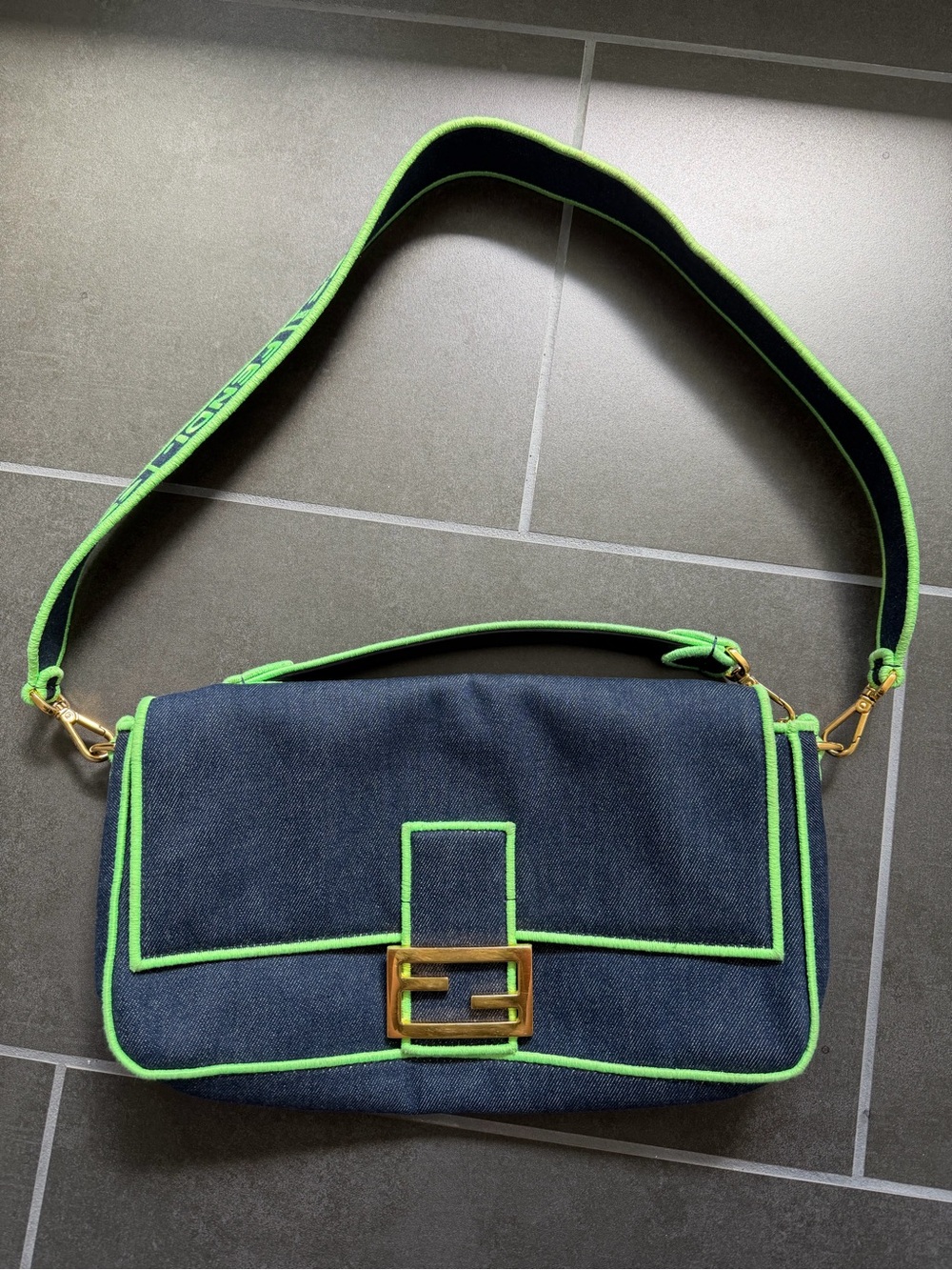 FENDI Large Denim Baguette Shoulder Bag — Green Embroidered Trim, Gold Hardware
